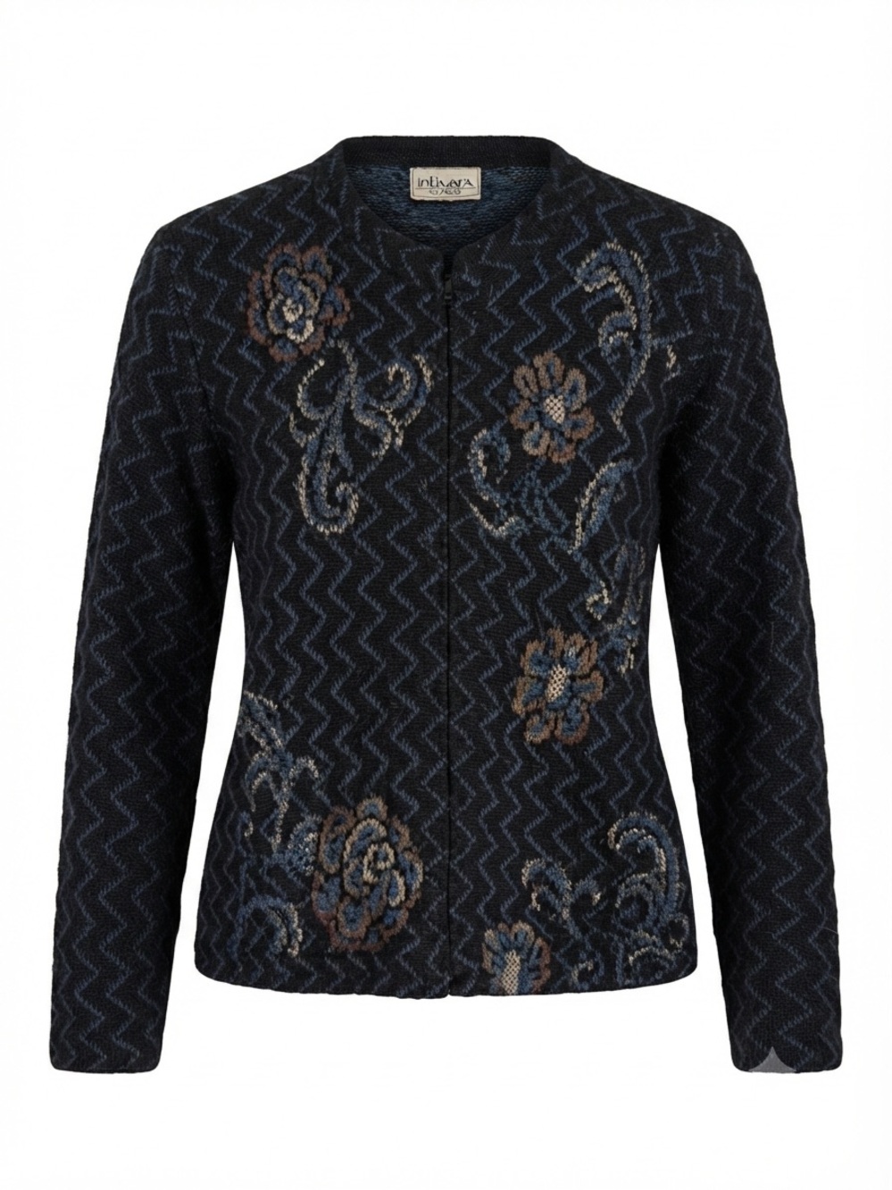Intiwara Alpaca Black Blue Floral Zigzag Knit Full Zip Sweater Jacket Size L